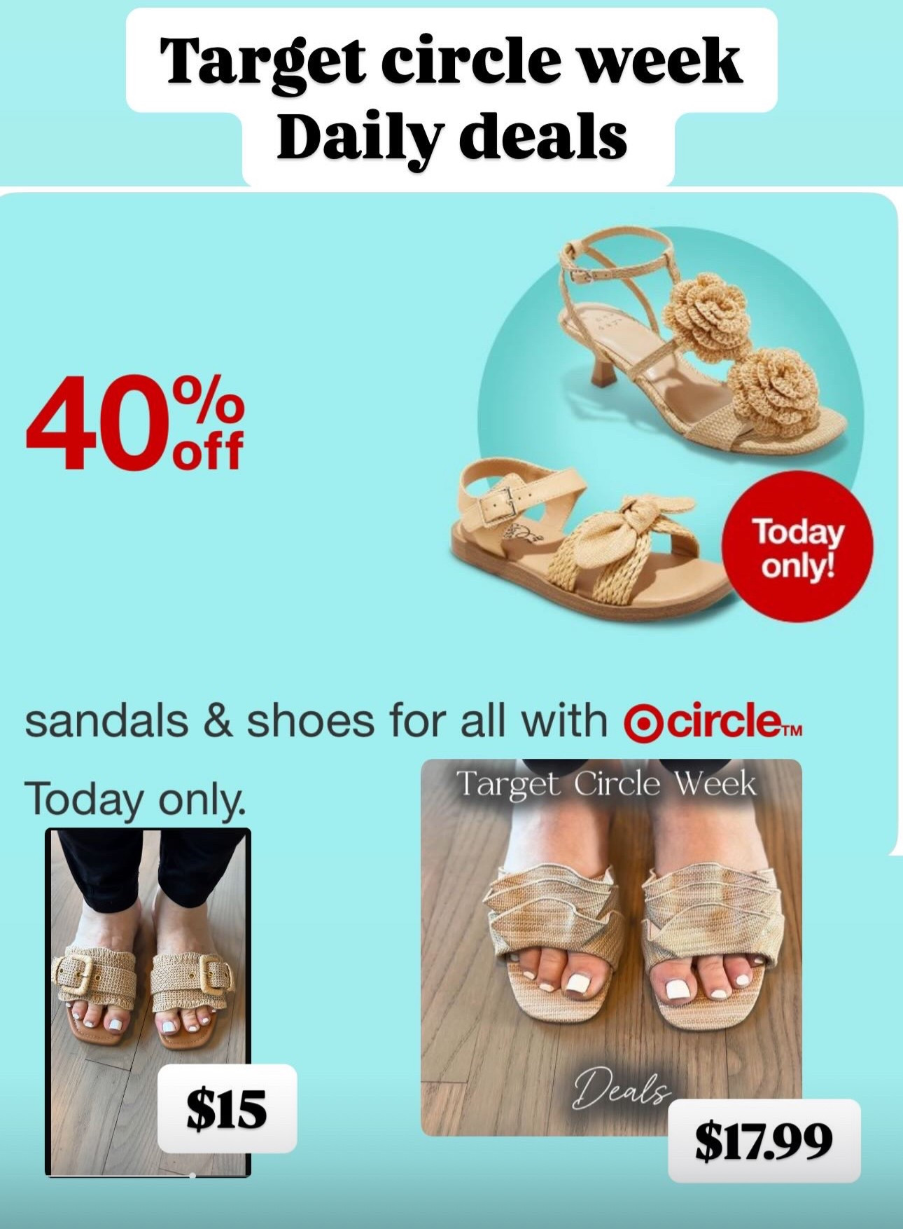 Shoes 40% off Target daily deals for Target circle week

#sandals #targetshoes #Target #shoelover #springfashion

Sandals, spring shoes, summer shoes, shoe sale, target circle week deals, raffia sandals, dress shoes, Easter shoes

#LTKSaleAlert #LTKShoeCrush #LTKFindsUnder50