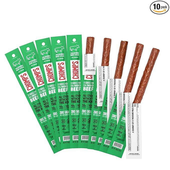Chomps Grass-Fed and Finished Jalapeño Beef Jerky Snack Sticks 10-Pack - Keto, Paleo, Whole30, 1... | Amazon (US)