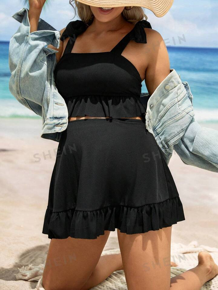 SHEIN Summer Beach Maternity Solid Color Ruffled Swimsuit Set | SHEIN