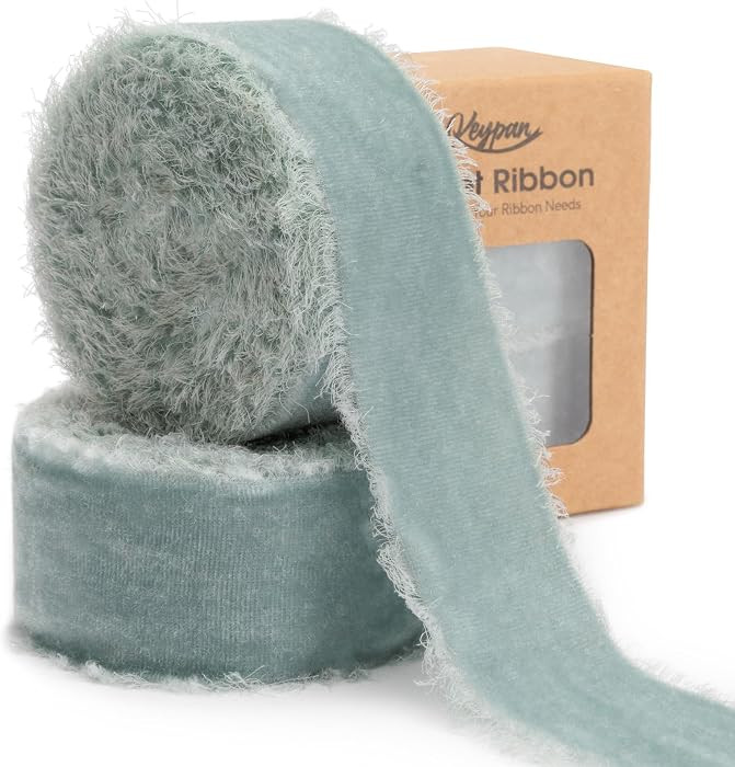 Grey Green Velvet Ribbon 1-1/2 Inch x 6 Yd Handmade Frayed Vintage Ribbons for Christmas Tree Hom... | Amazon (US)