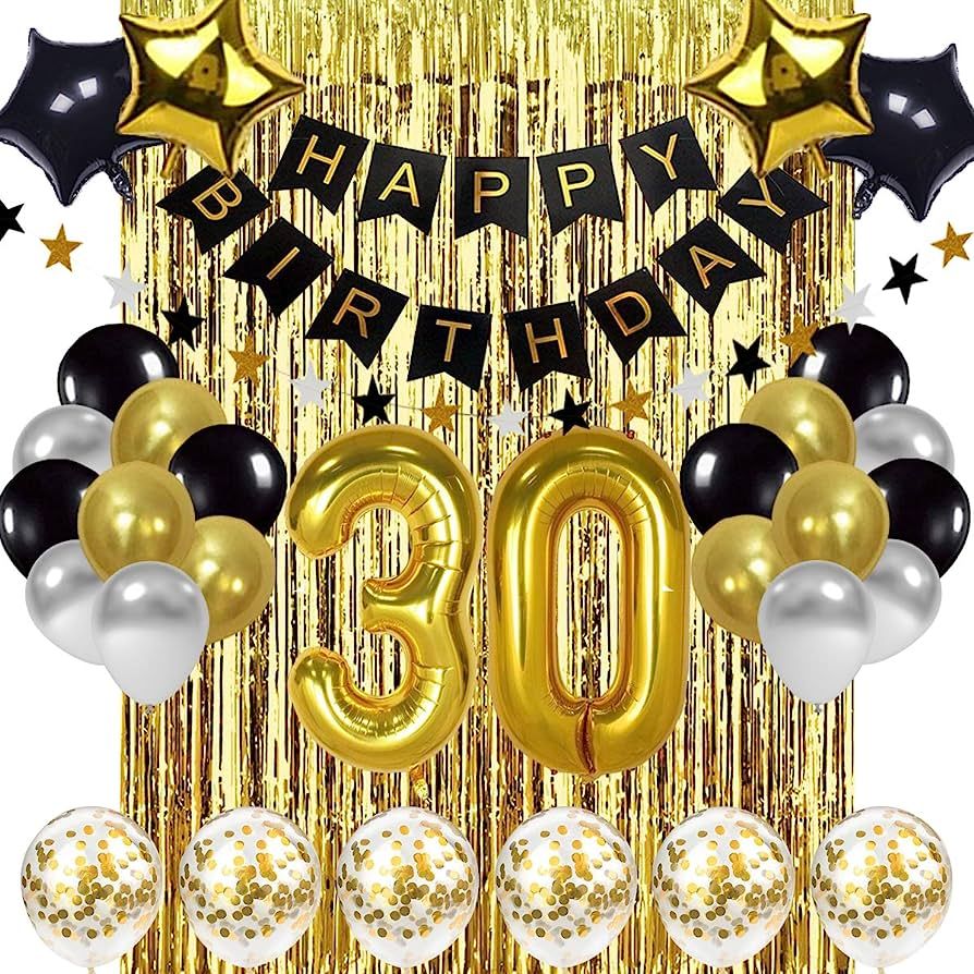 Black and Gold 30th Birthday Decorations Banner Balloon, Number Foil 30 Balloon, 30 Years Old Bir... | Amazon (US)