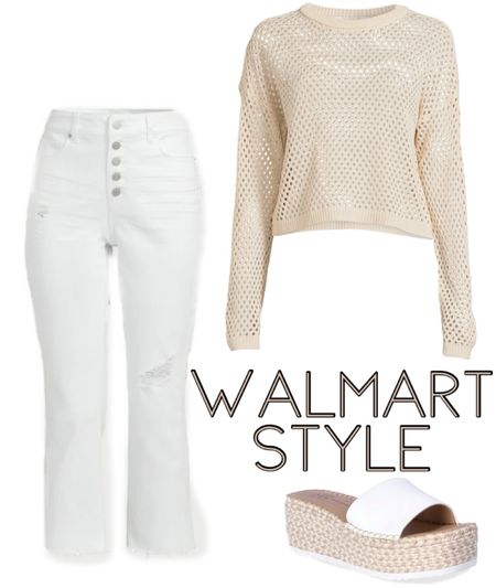 Spring outfit idea at Walmart! Crochet sweater top paired with white jeans and raffia wedge sandals!! 

#LTKSeasonal #LTKshoecrush