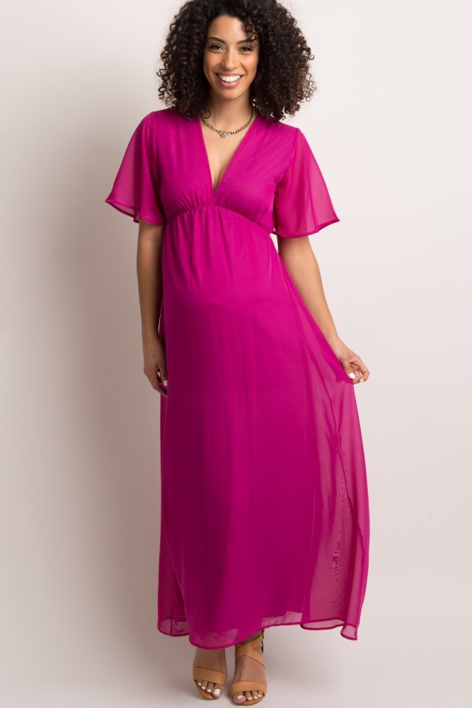 Magenta Chiffon Bell Sleeve Maternity Maxi Dress | PinkBlush Maternity