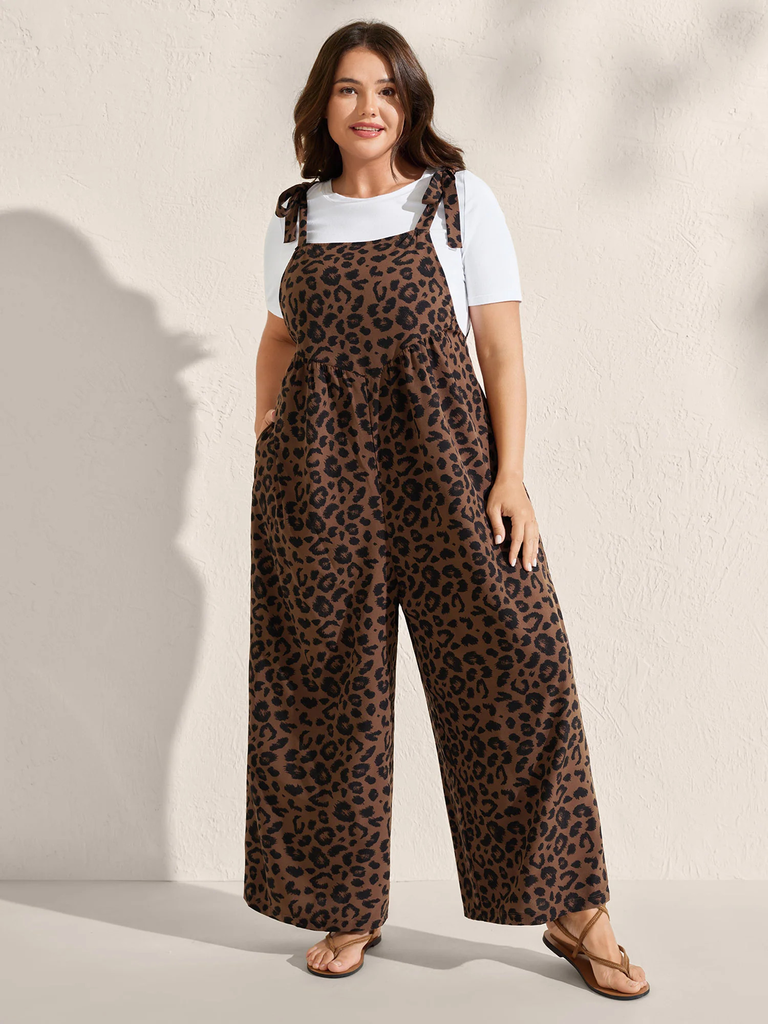 Leopard Print Shirred Shoulder Ties Jumpsuit | Bloomchic