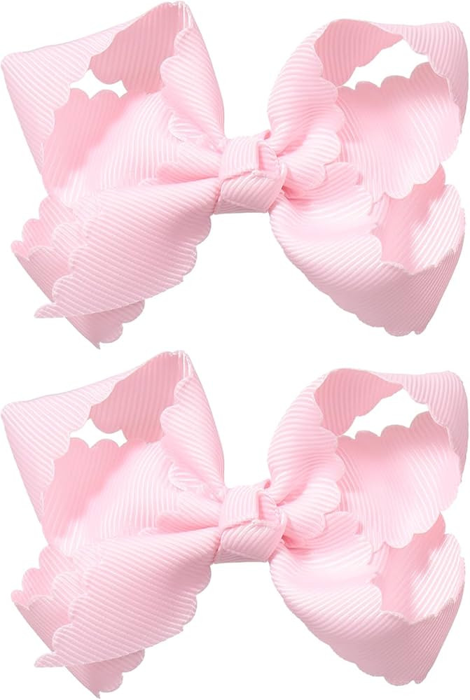 Pink Grosgrain Ribbon Scalloped Hair Bows for Girls,2Pcs 3" Small Cute Dressy Bow Alligator Clips... | Amazon (US)