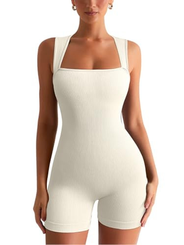 ZileZile Women’s Yoga Jumpsuit Seamless Ribbed Square Neck Sleeveless Workout Romper Shorts Fitted Beige | Amazon (US)