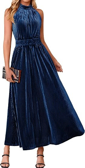 Simplee Womens Velvet Elegant Halter Neck Semi Formal Wedding Guest Dresses | Amazon (US)