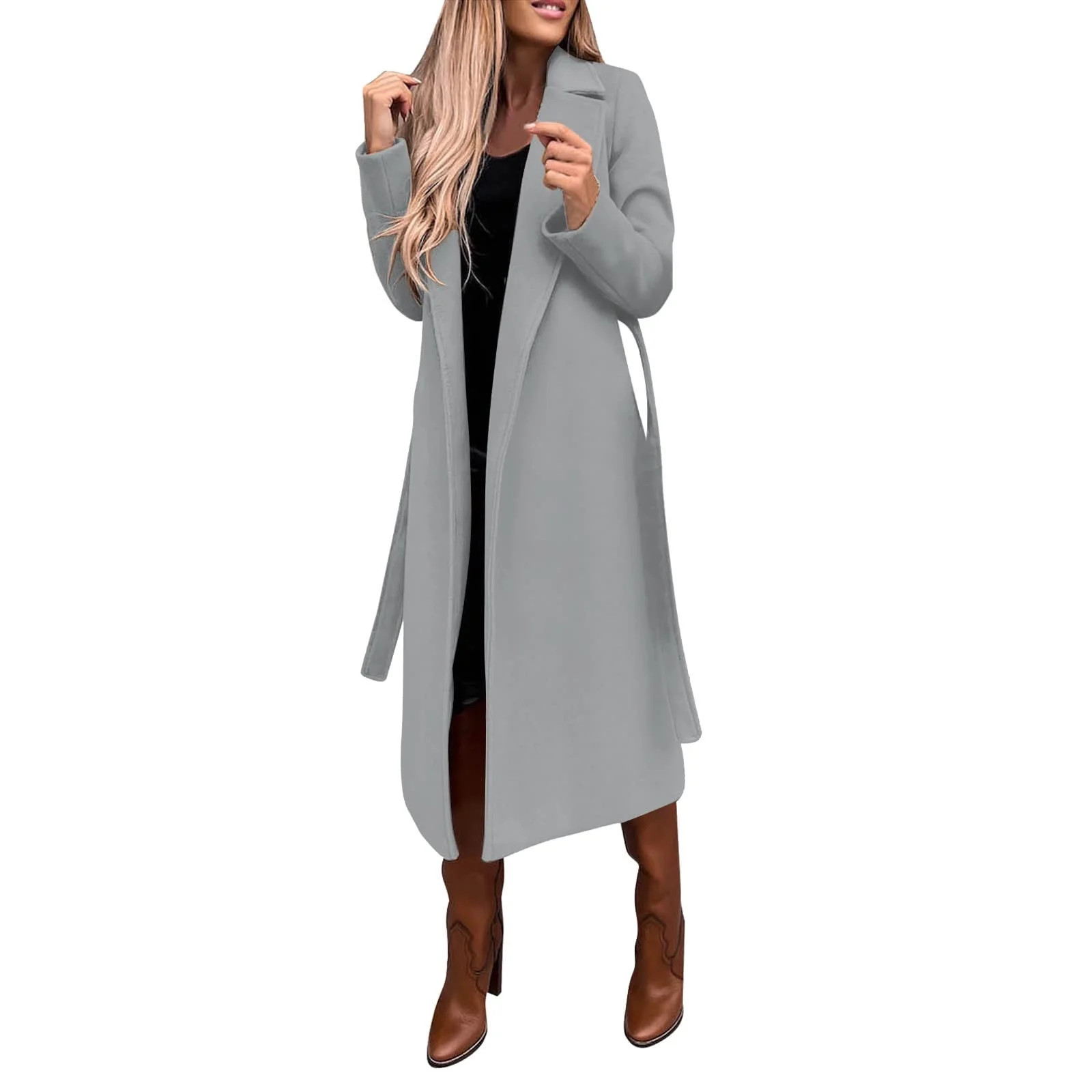 Women's Faux Wool Coat Blouse Thin Coats Trench Long Jacket Ladies Slim Long Belt Gray L | Walmart (US)