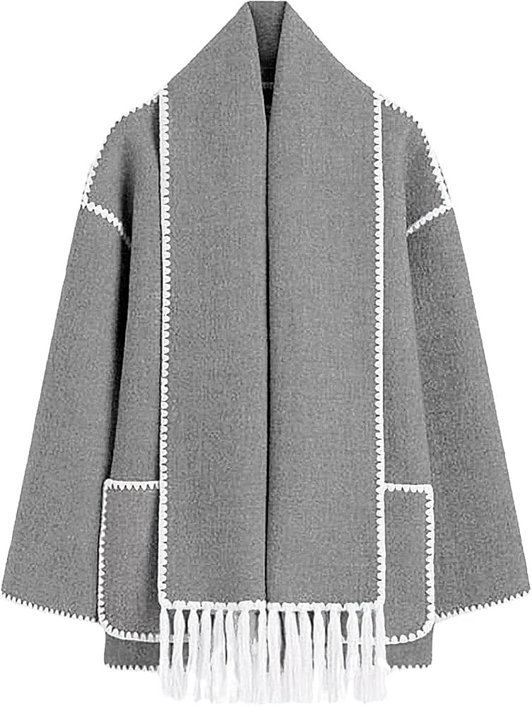 utcoco Womens Winter Wool Coats Embroidered Button Down Woolen Blend Trench Coat with Tassel Scar... | Amazon (US)