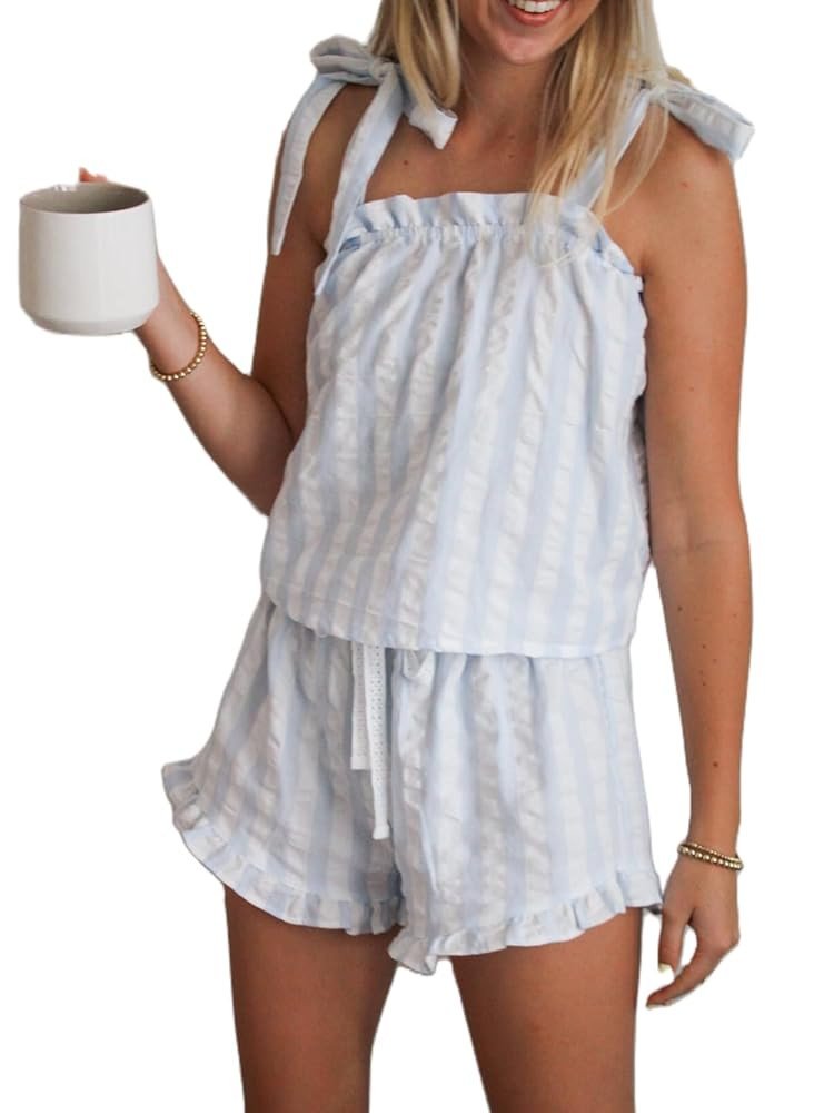 Women Tie Shoulder Shorts Pajama Set Floral Peplum Tank Top and Ruffle Shorts 2 Piece Lounge Slee... | Amazon (US)