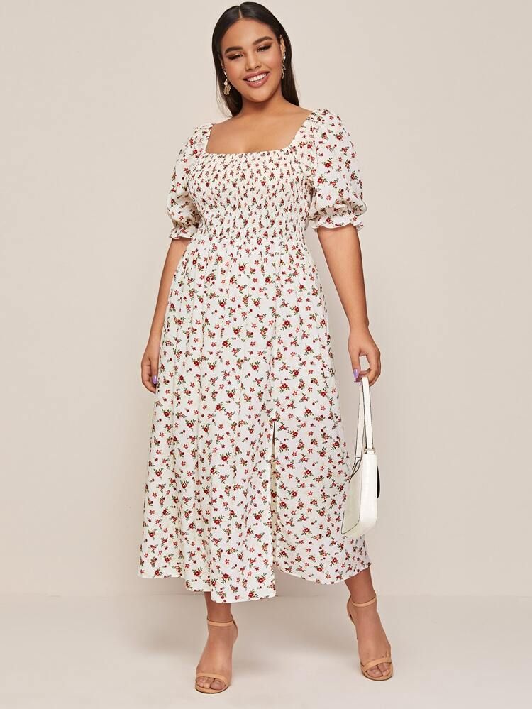 Plus Puff Sleeve Shirred Slit Hem Ditsy Floral Milkmaid Dress | SHEIN