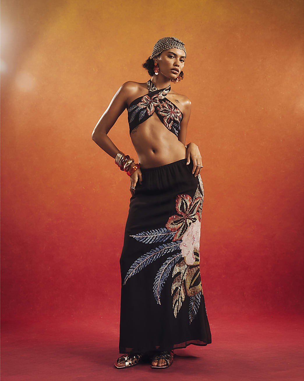 Black Beaded Floral Maxi Skirt | River Island UK & IE
