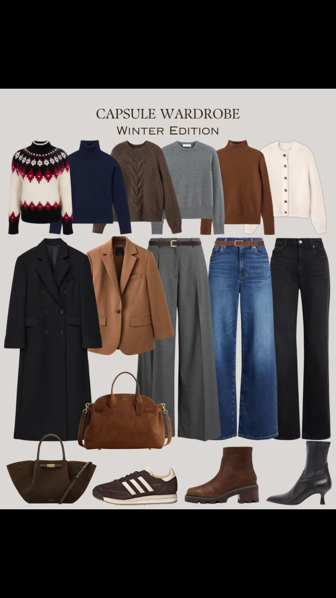 Winter Capsule: 18 Pieces, Endless Possibilities!✨ Create 40+ chic looks with timeless staples you already own - wide-leg pants, a cozy white cardigan, a navy turtleneck and a long black wool coat - elevated with just a few seasonal gems like an Fair Isle sweater, a brown cable-knit, and camel blazer.🤎 Effortless, versatile, and polished - your winter wardrobe, sorted!💫

#LTKSaleAlert #LTKWorkwear #LTKFindsUnder100