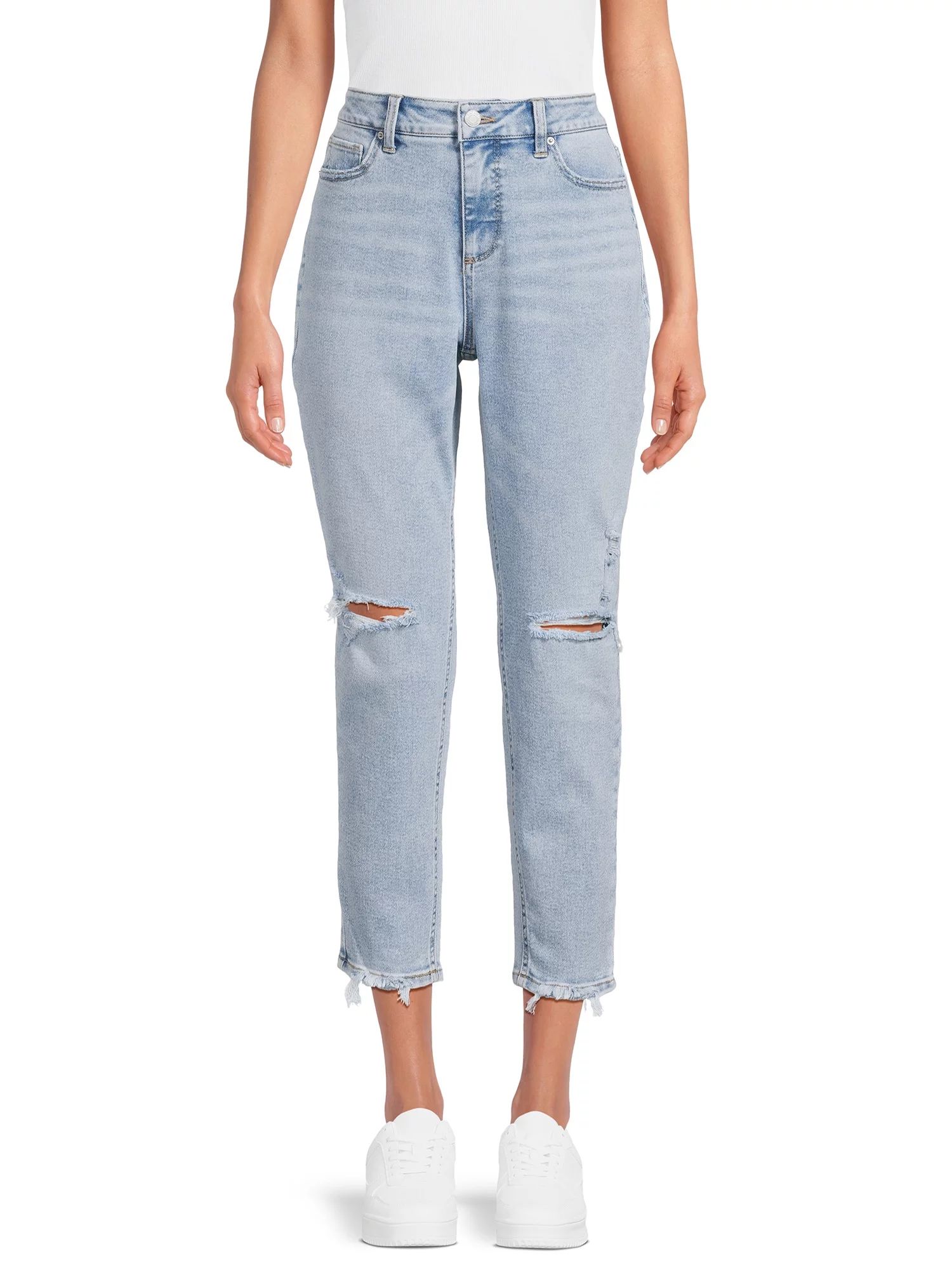 Time and Tru Women's Cropped High Rise Distressed Mom Jeans, 27” Inseam for Regular, Sizes 2-16... | Walmart (US)