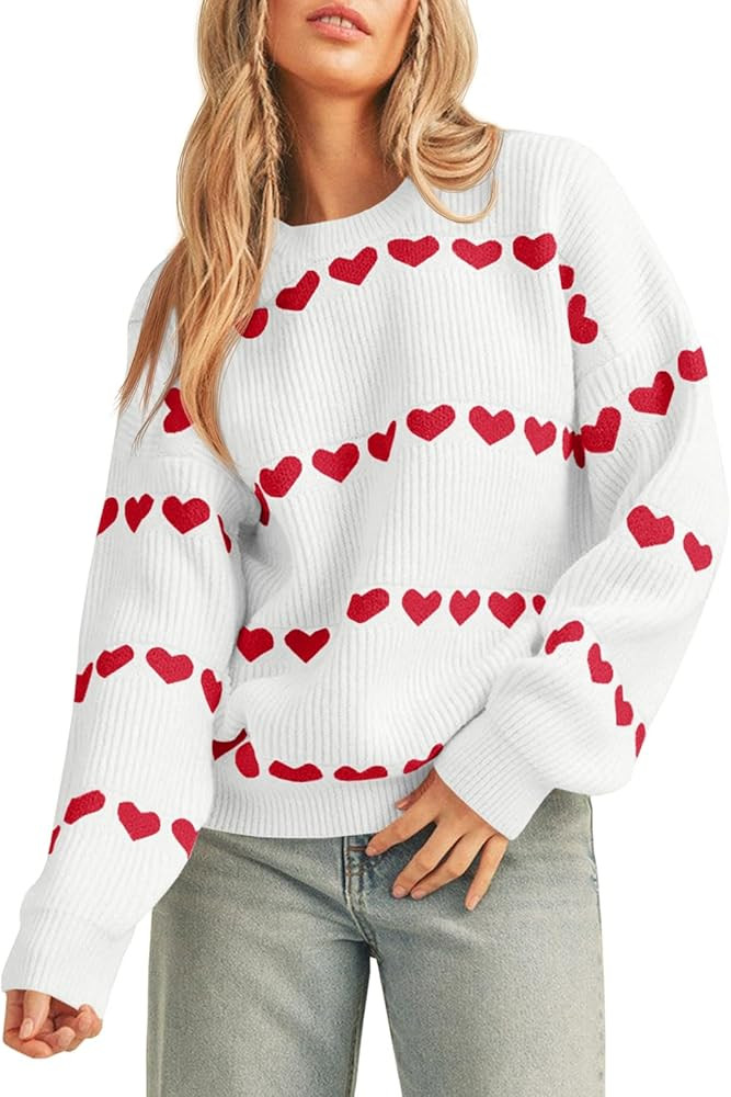 Saodimallsu Womens Heart Sweater Valentine Crew Neck Cute Ribbed Knit Loose Casual Pullover Sweat... | Amazon (US)