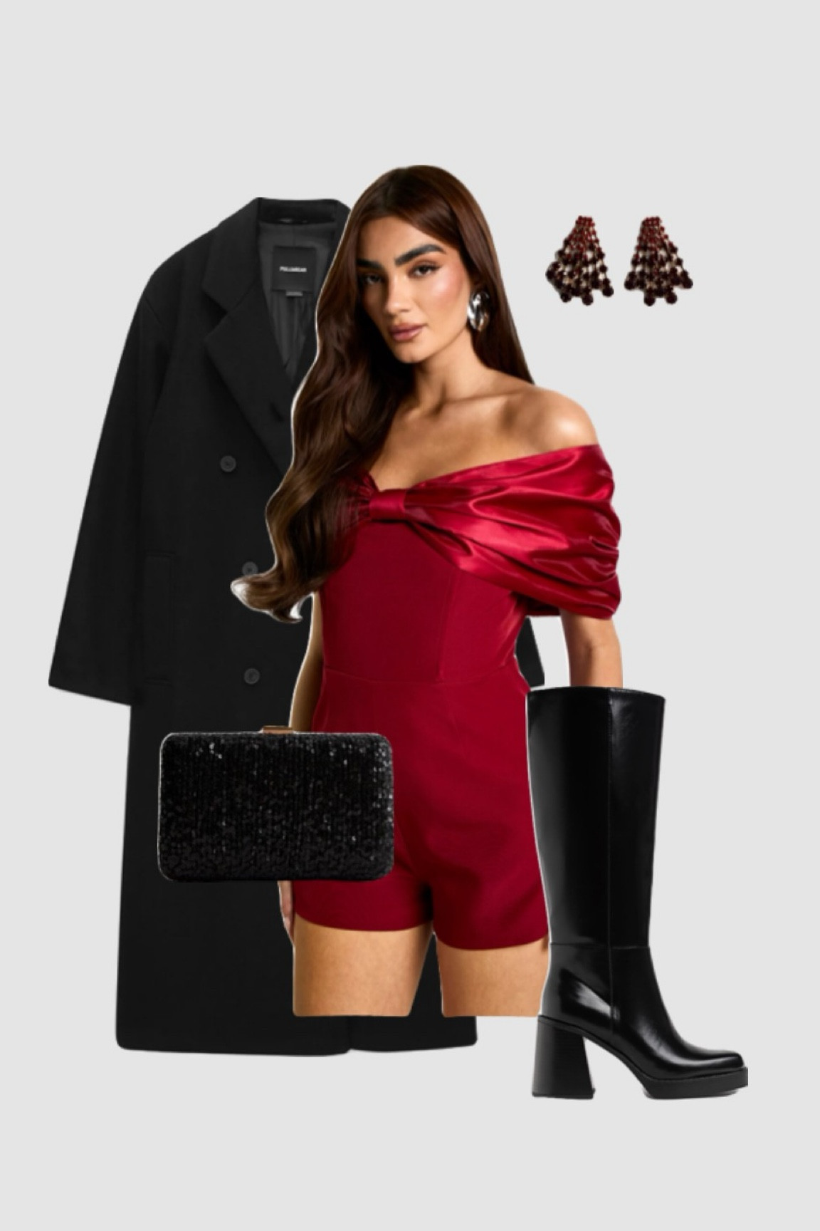 Use code JESSIEFI for 15% off Boohoo (works on sale items) ❤️

Christmas party outfits 🎄

• red satin bow playsuit going out outfits night out outfit glam outfit black knee high heeled boots embellished sequin clutch bag New Year’s Eve party •

#LTKwinter 

#LTKpartywear #LTKgiftguide