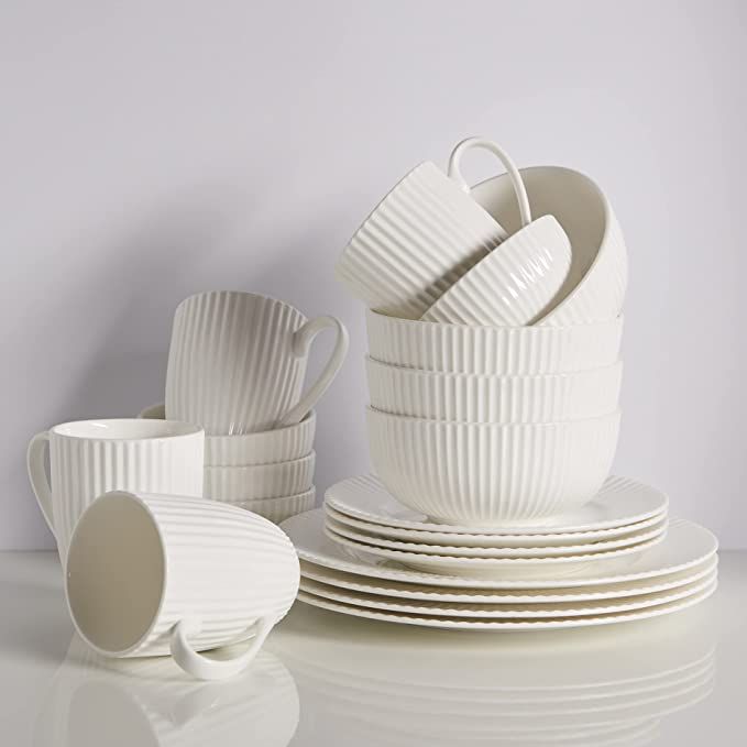 Bone China 20 Piece Dinnerware Set Dishes, Service for 4, White Embossed stripe, Microwave Safe, ... | Amazon (US)