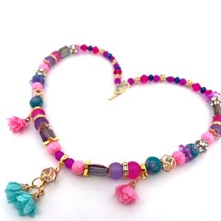 Colorful Spring Beaded Tassel Necklace, Floral Flower Jewelry, Pink Purple and Teal, Toggle Clasp... | Michaels Stores