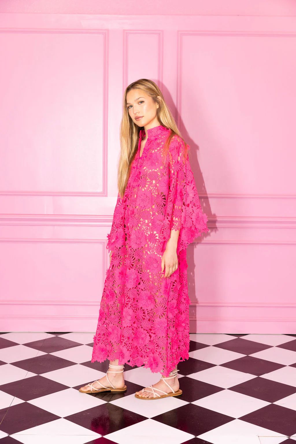no. 0673 bright pink 3D lace maxi caftan | La Vie Style House