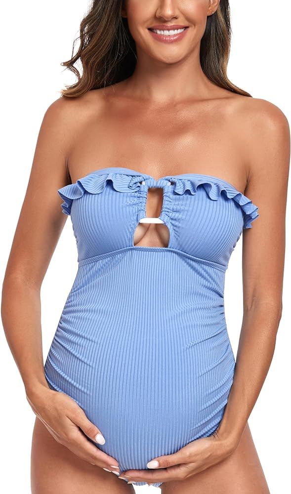 EastElegant Maternity Ruffle Ribbed Cutout One Piece Swimwear Square Ring Linked Pregnancy Bathin... | Amazon (US)