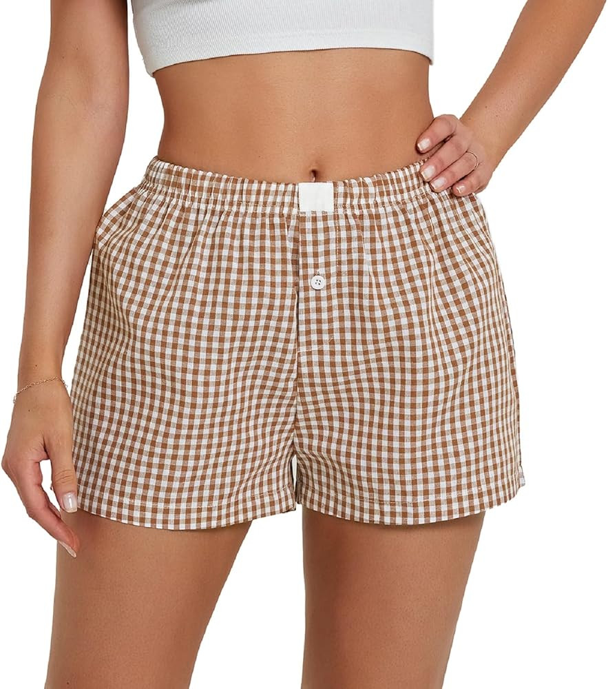 Women Y2k Plaid Shorts Elastic Waisted Gingham Pajama Shorts Plaid Boxers Shorts Lounge Sleep Sho... | Amazon (US)