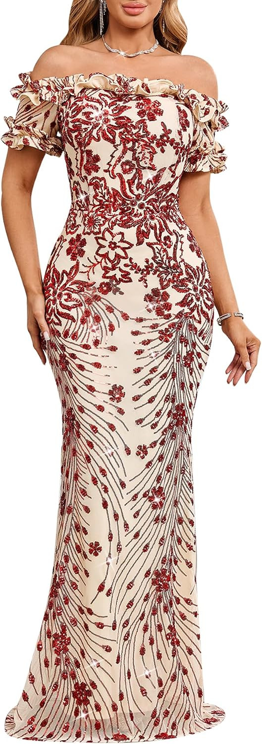 dasmzper Women Sexy Sequin Off Shoulder Ruffle Short Sleeve Bodycon Mermaid Party Formal Evening Maxi Dress | Amazon (US)