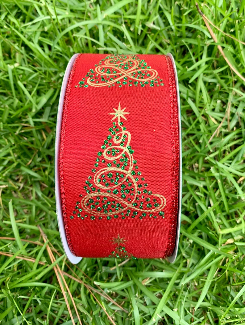 Beautiful 2.5 inch Premium Wired Red Satin Ribbon with Christmas Trees in Green Glitter and Gold ... | Etsy (US)
