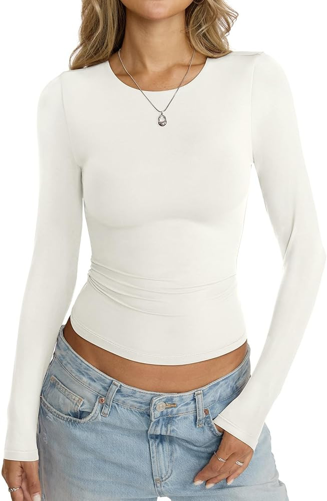 Womens Double Lined Seamless Crew Neck Shirts Basic Long Sleeve Tops Sexy Slim Fit T Shirts Casua... | Amazon (US)