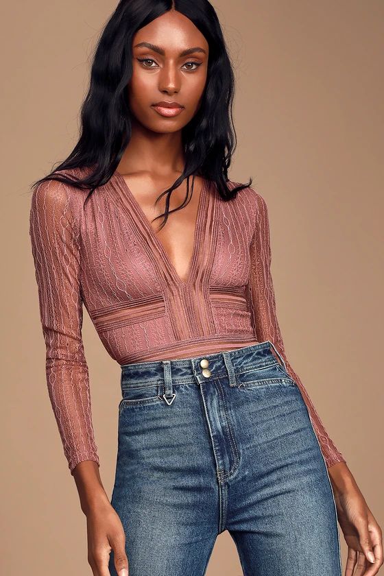 Casita Mauve Pink Sheer Lace Long Sleeve Bodysuit | Lulus (US)