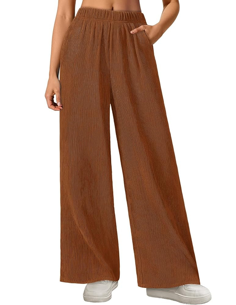 MEROKEETY Women's Wide Leg Palazzo Pants Flowy Pleated Elastic High Waisted Casual Trousers with ... | Amazon (US)