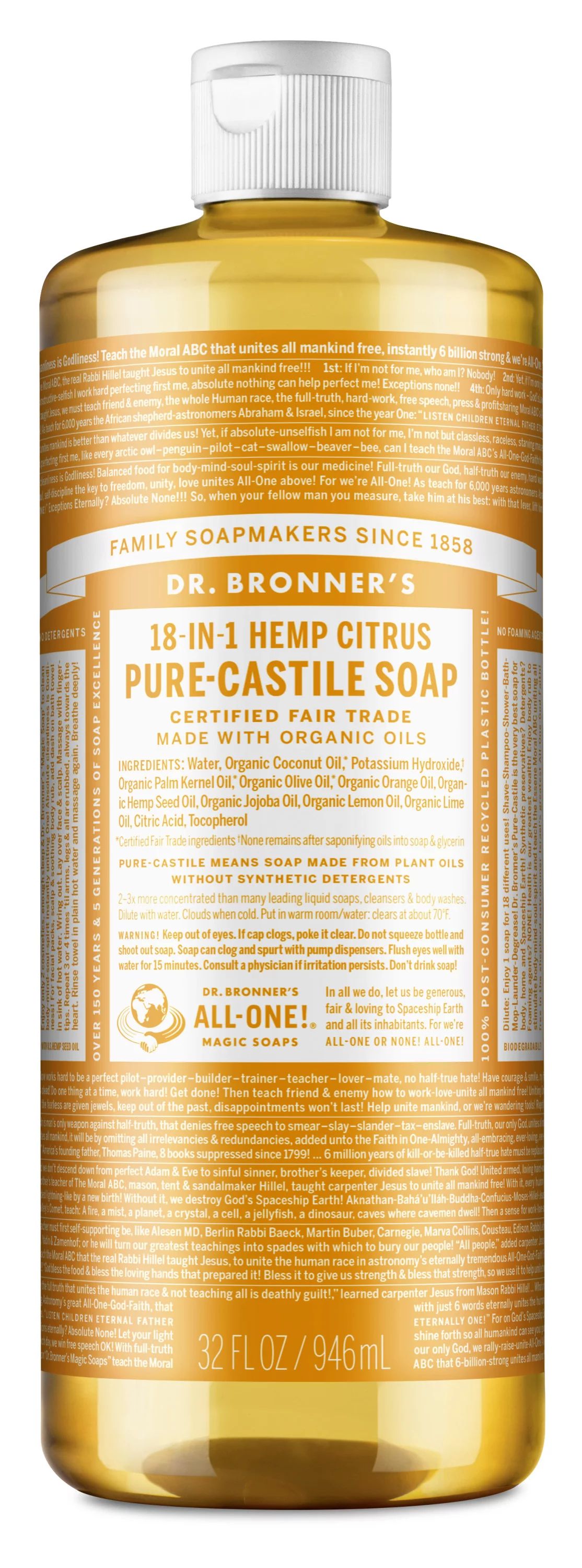 Dr. Bronner's Pure-Castile Liquid Soap – Citrus – 32 oz - Walmart.com | Walmart (US)