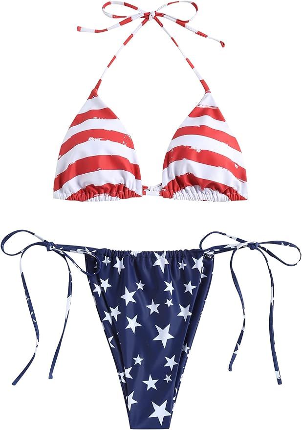 ZAFUL Womens Triangle Bikini Sets High Cut Tie Side 2 Piece Bathing Suits String Halter Bikini Sw... | Amazon (US)
