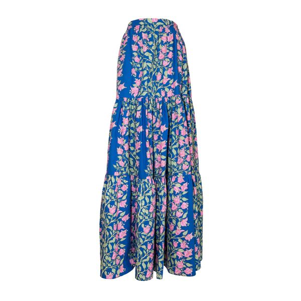 Tiered Skirt, Blue with Pink Bougainvillea | The Avenue