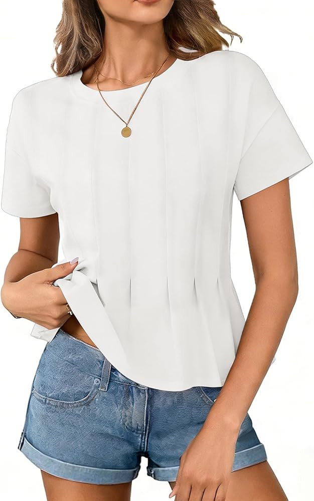 Women's Babydoll Tops T Shirts Peplum Pleated Short Sleeve Cropped Tee Summer Loose Fit Casual Cr... | Amazon (US)