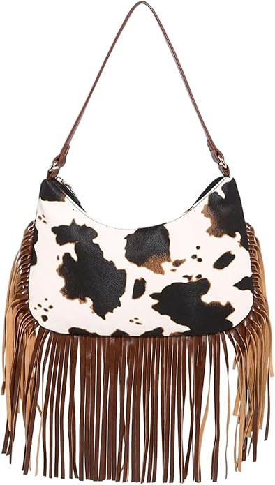 OYOANGLE Women's Boho Cow Print Fringe Trim Underarm Bags Western Cowgirl Zipper Handbags Vintage... | Amazon (US)