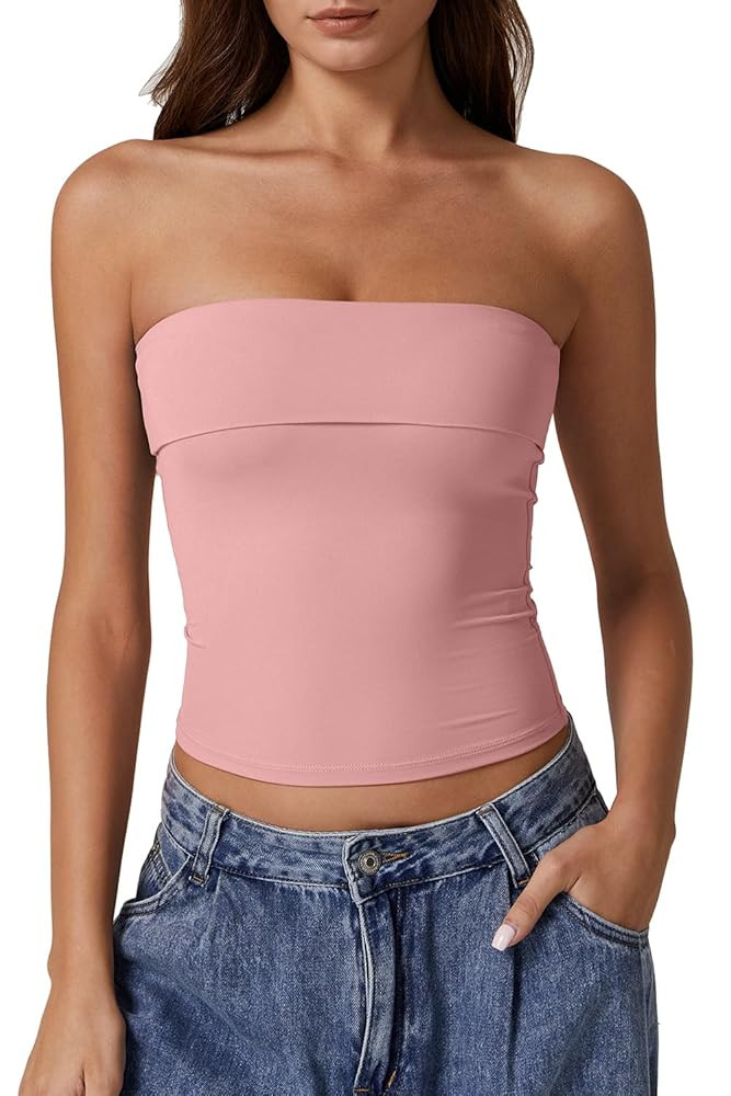 QINSEN Women's Tube Tops Strapless Bandeau Tops Double Lined Slim Fit Summer Going Out Tank Tops | Amazon (US)