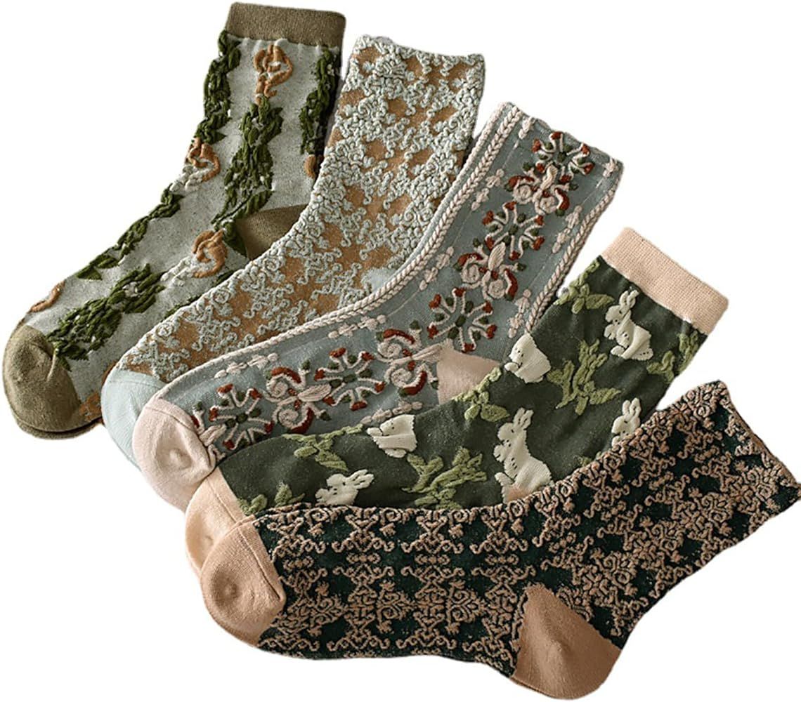 Rokmym Women's Floral Vintage Crew Socks Ethnic Jacquard Knit Set Ankle High Cotton Socks for Wom... | Amazon (US)