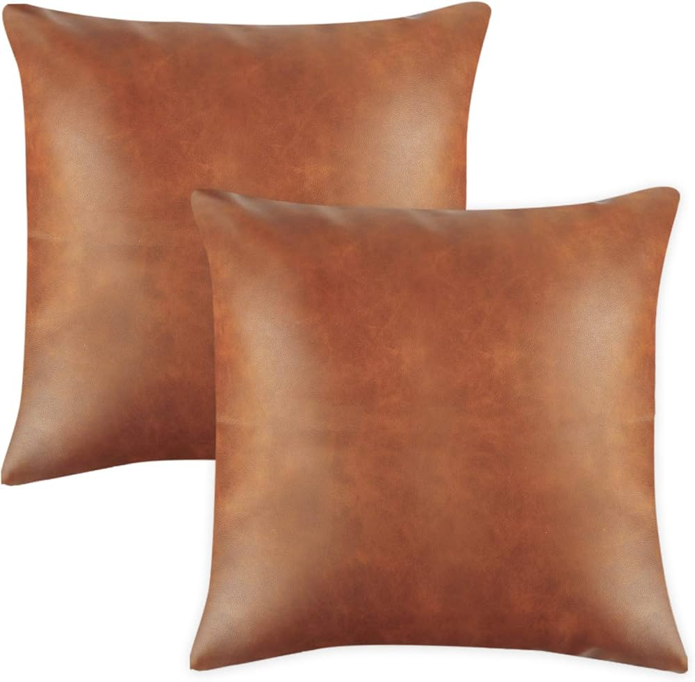 Fixwal Faux Leather Throw Pillow Covers, 18 x 18 Inches Set of 2 Brown Modern Outdoor Cushion Cov... | Amazon (US)