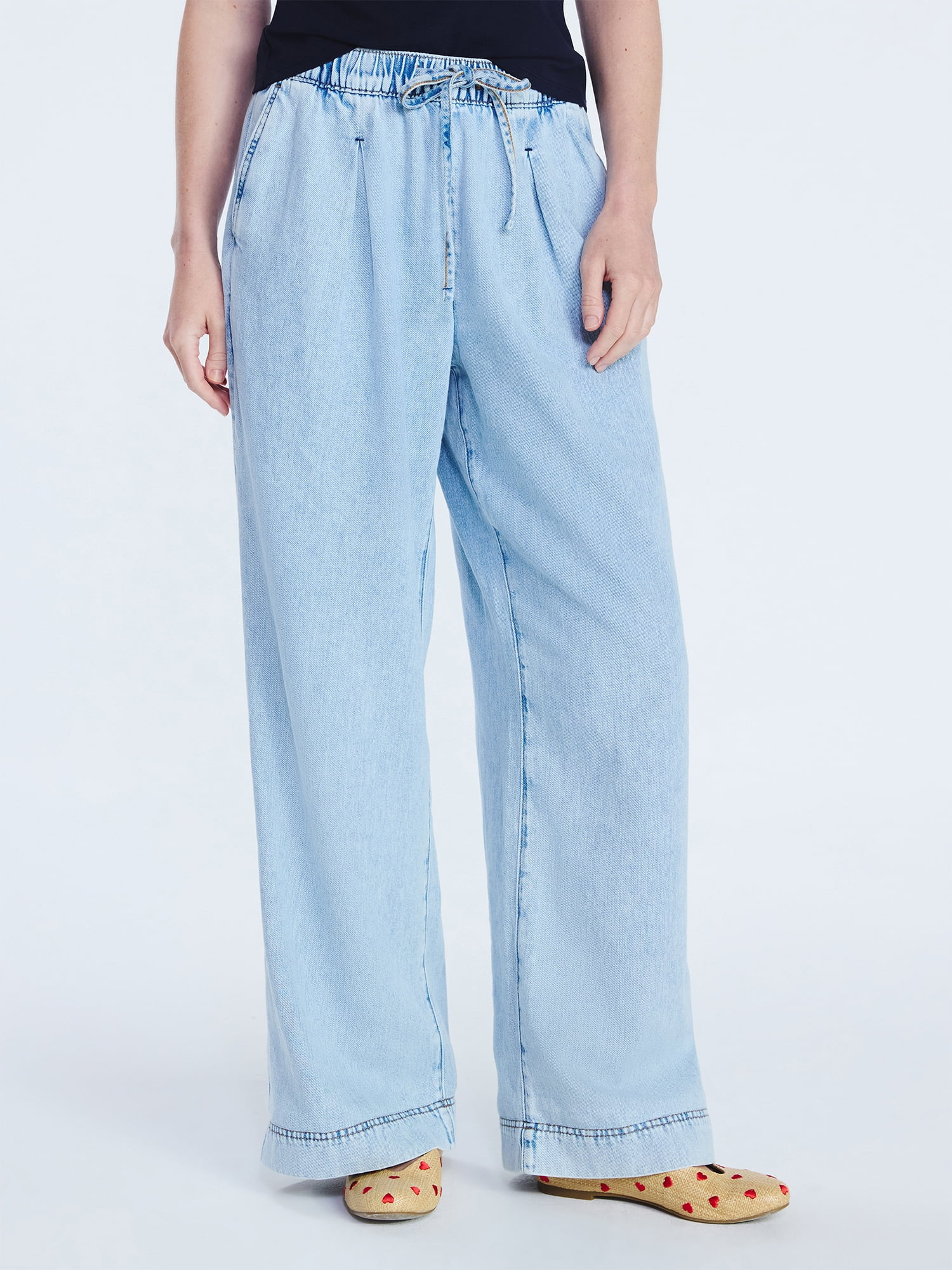 Free Assembly Women's and Women's Plus Loose Fitting Wide Leg Jeans with Adjustable Tie Waist, 29... | Walmart (US)