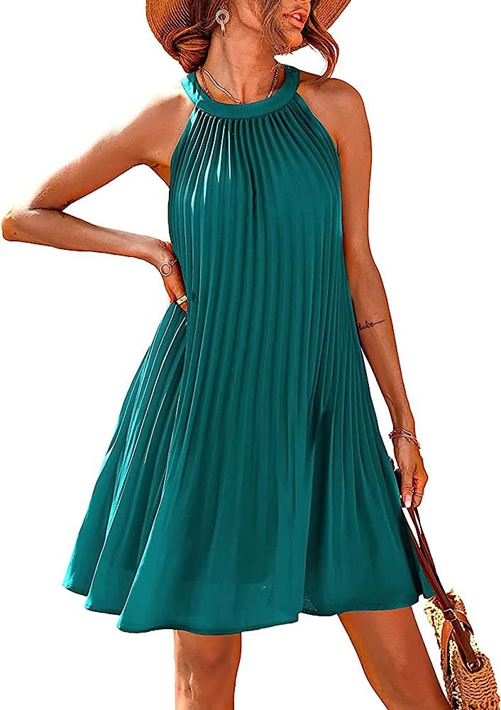 PRETTYGARDEN Women's Cute Halter Neck Sleeveless Mini Dress Solid Color Flowy Pleated Beach Dress... | Amazon (US)