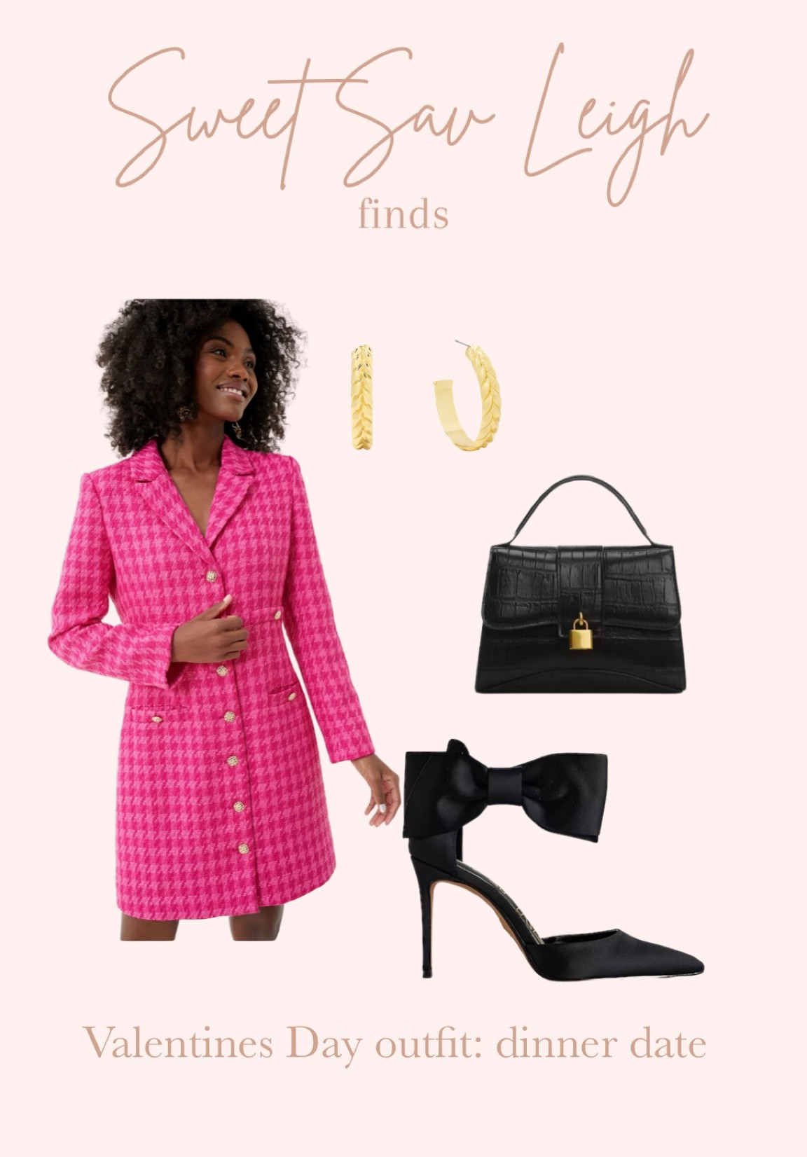 Valentine’s Day outfit idea: dinner date | pink dress, pink tweed dress, blazer dress, black heels, black bow heels, black handbag, winter outfit 

#LTKSeasonal #LTKstyletip #LTKfindsunder100