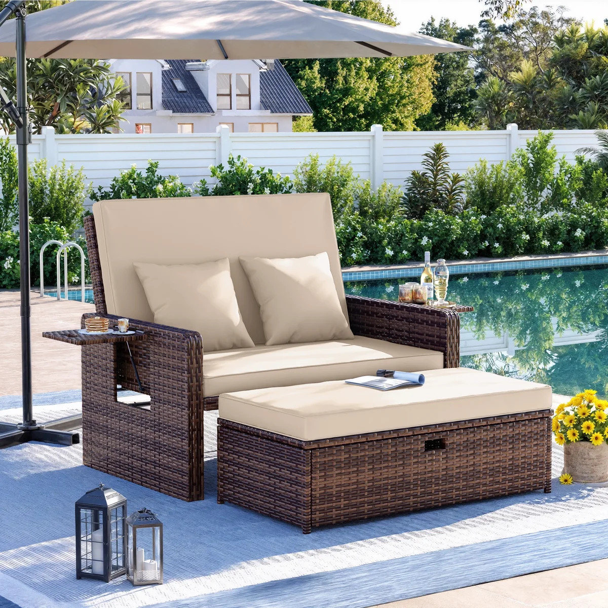 68" Wicker Outdoor Daybed Adjustable Loveseat With Storage Ottomans And Cushions | Wayfair North America