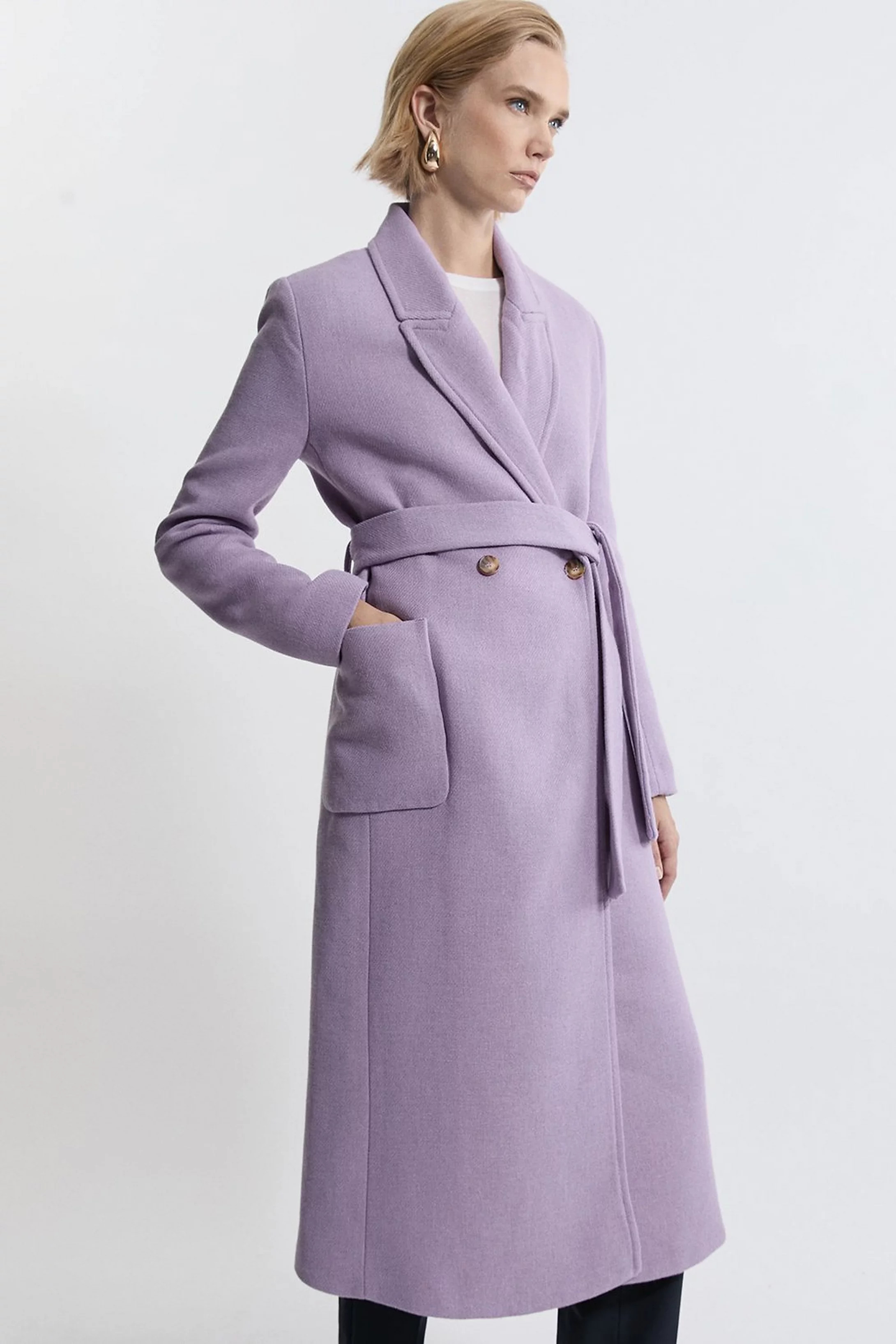 Italian Manteco Wool Blend Wrap Belted Tailored Midi Coat | Karen Millen UK + IE + DE + NL