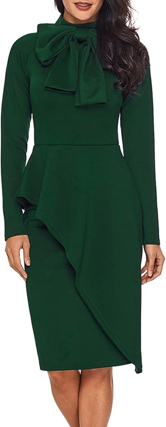 CILKOO Womens Tie Neck Peplum Waist Long Sleeve Bodycon Business Dress(S-XXL) | Amazon (US)