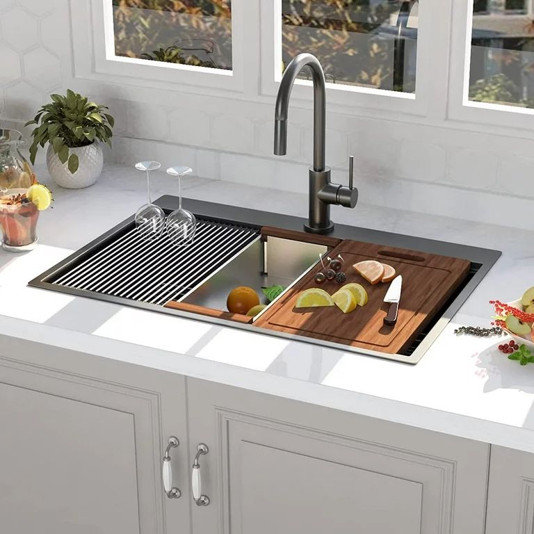 30" x 22" Black Drop In Kitchen Sink 16 Gauge Stainless Steel Workstation Sink | Walmart (US)