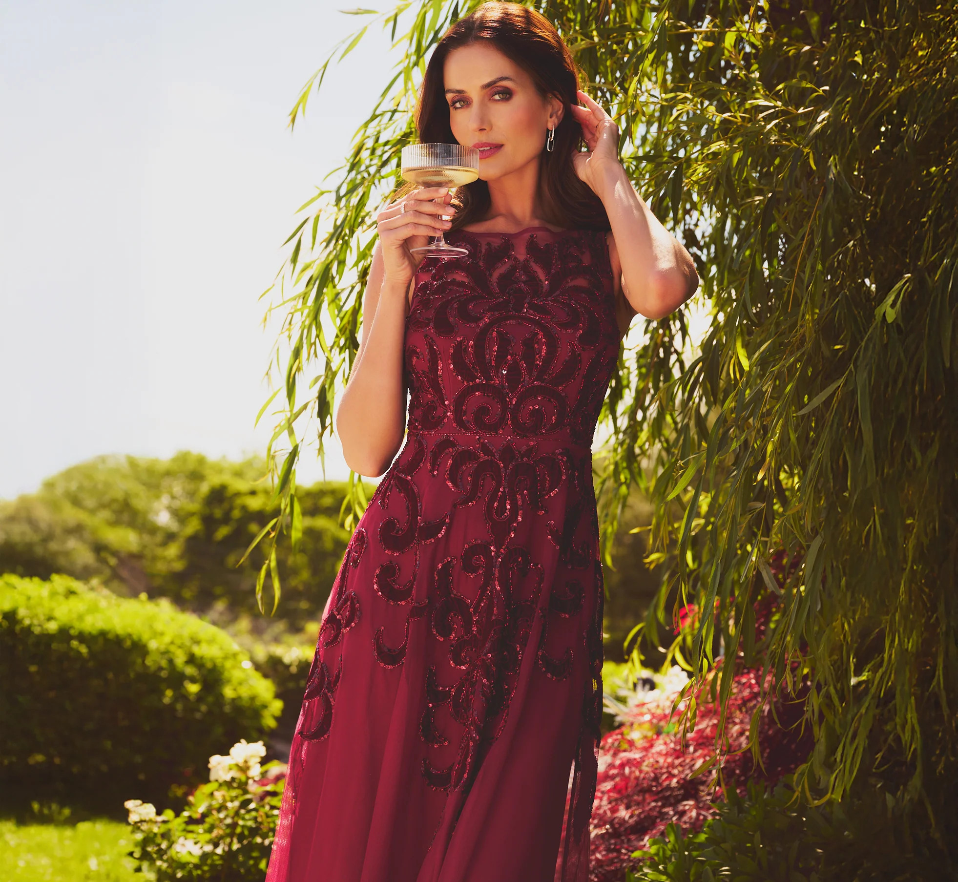 Petite Baroque Scroll Velvet Beaded Gown In Mahogany | Adrianna Papell