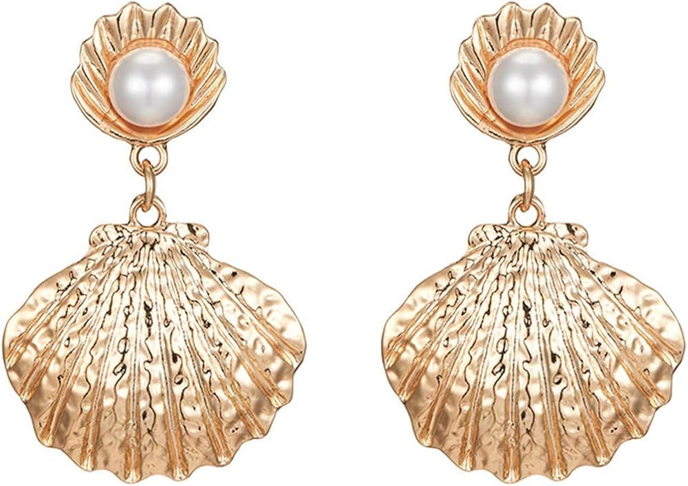 DoubleNine Sea Shell Charm Cowrie Earrings Dangle Golden Mermaid Earrings Scallop Beach Party Ret... | Amazon (US)