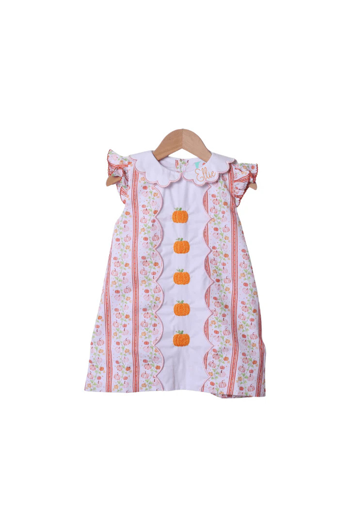 Hand Embroidered Floral Pumpkins Flutter Sleeve Dress | The Smocked Flamingo