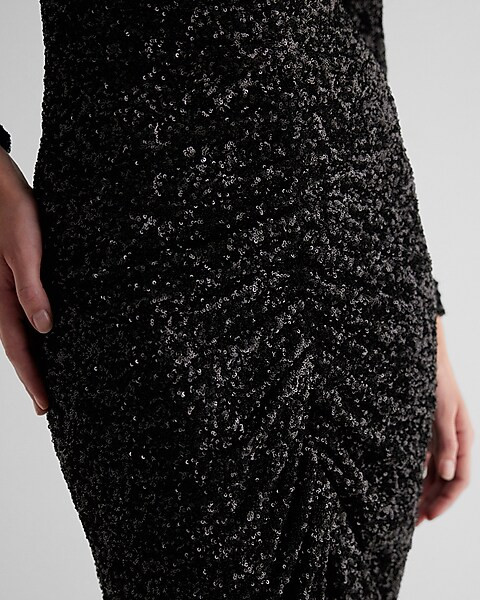 Sequin V-Neck Puff Sleeve Ruched Midi Sheath Dress | Express