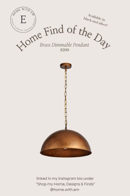 This stunning brass dome pendant is on sale today! 

Adjustable height to best fit your space
Suitable for use in areas with little moisture
Dimmable
Sloped ceiling adaptable
LED compatible
Melding together modern, industrial, and vintage design elements, this 1-light dome pendant is sure to spark conversation as it shines a light down on any arrangement inside your home. A solid finish outfits this metal fixture – ensuring it’s understated enough to fit out with a layout that’s uniquely you – while distressed details dot the dome shade for a weathered and antiqued look. A single 40W medium-base bulb (not included) sits exposed below to direct light downward.  Reason #60 to order right this second... A sloped-ceiling-compatible canopy and adjustable hanging chain let you customize its height to fit your needs.

#LTKhome #LTKstyletip #LTKsalealert